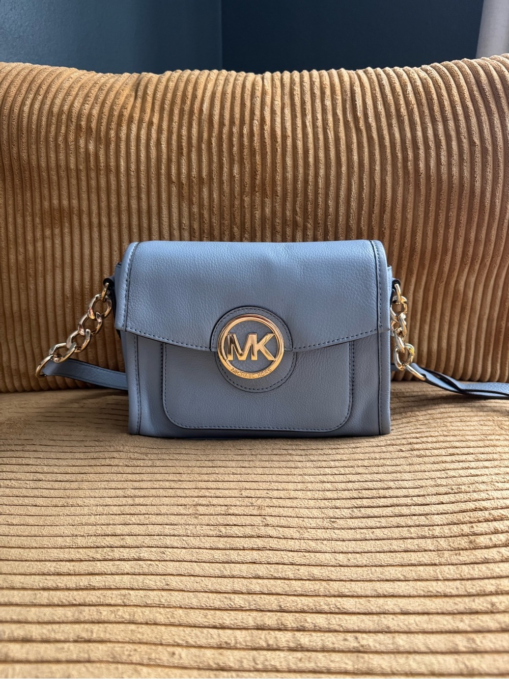 Authentic Michael Kors Pebbled Leather Crossbody bag- Light blue/Gray W/ MK Logo